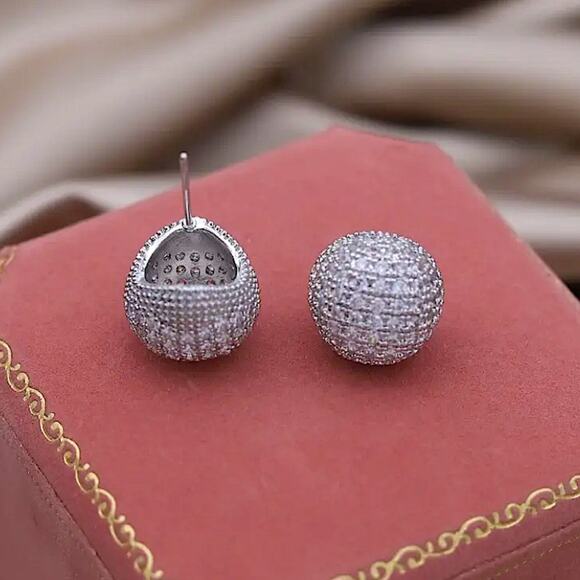 Silver Zircon Ball Earrings Luxury Exquisite White Gold Plated - Picture 3 of 6
